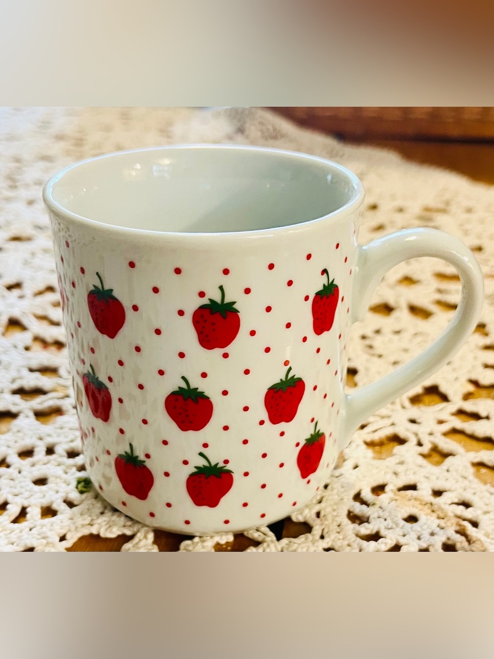 Vintage Strawberry Pattern Ceramic Mug White and Red by Schmidt Made In Brasil